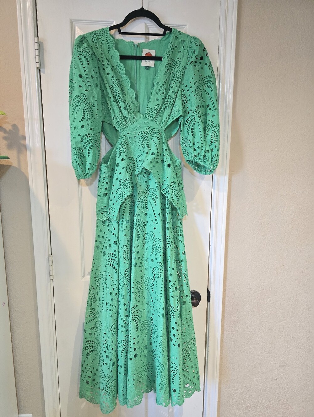 Farm Rio Green Richelieu Cutwork Midi Dress Size Small - Picture 3 of 14